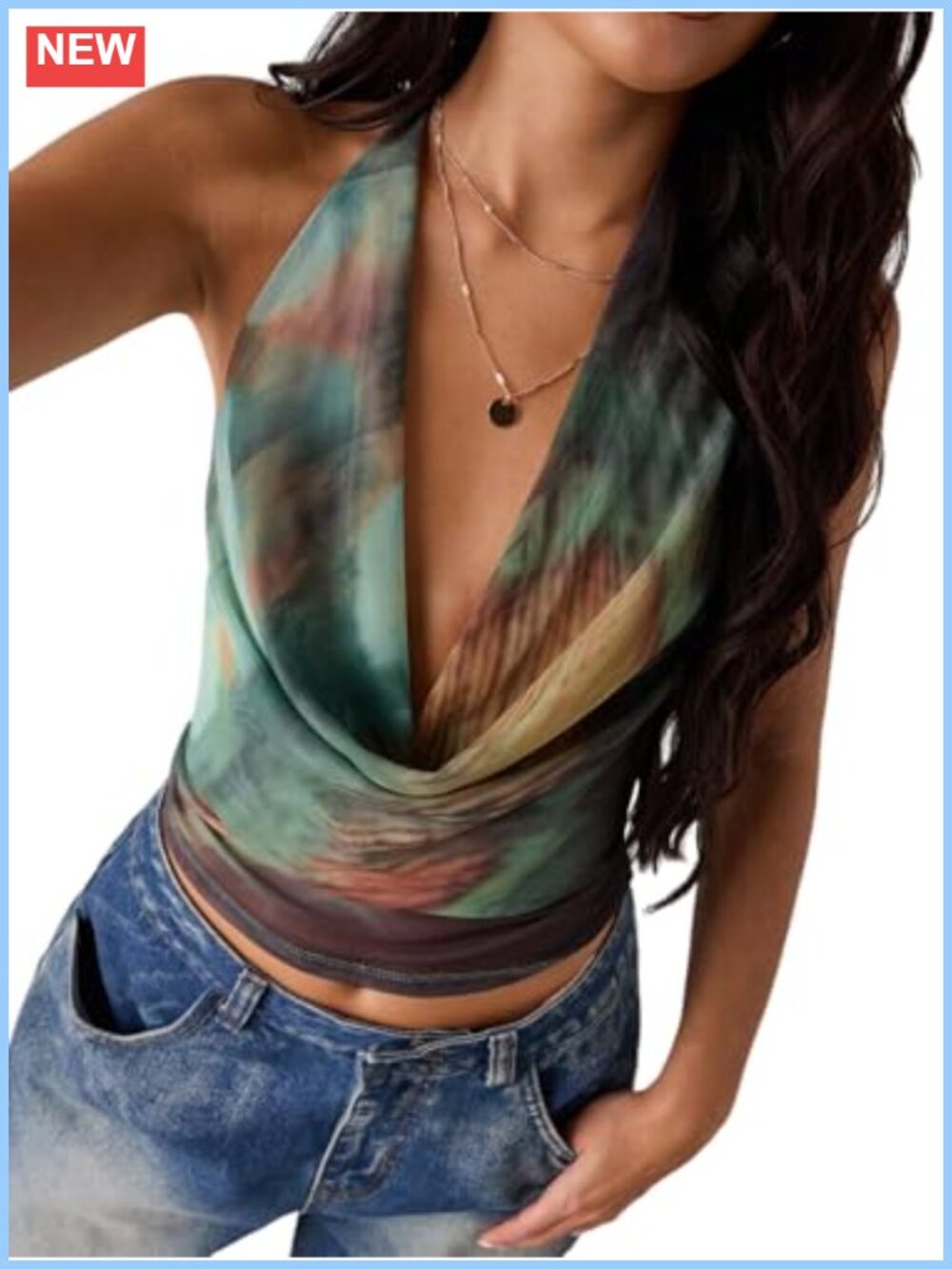 Womens Y2K Cowl Neck Halter Crop Top Tie Back Mesh Sleeveless Clubwear